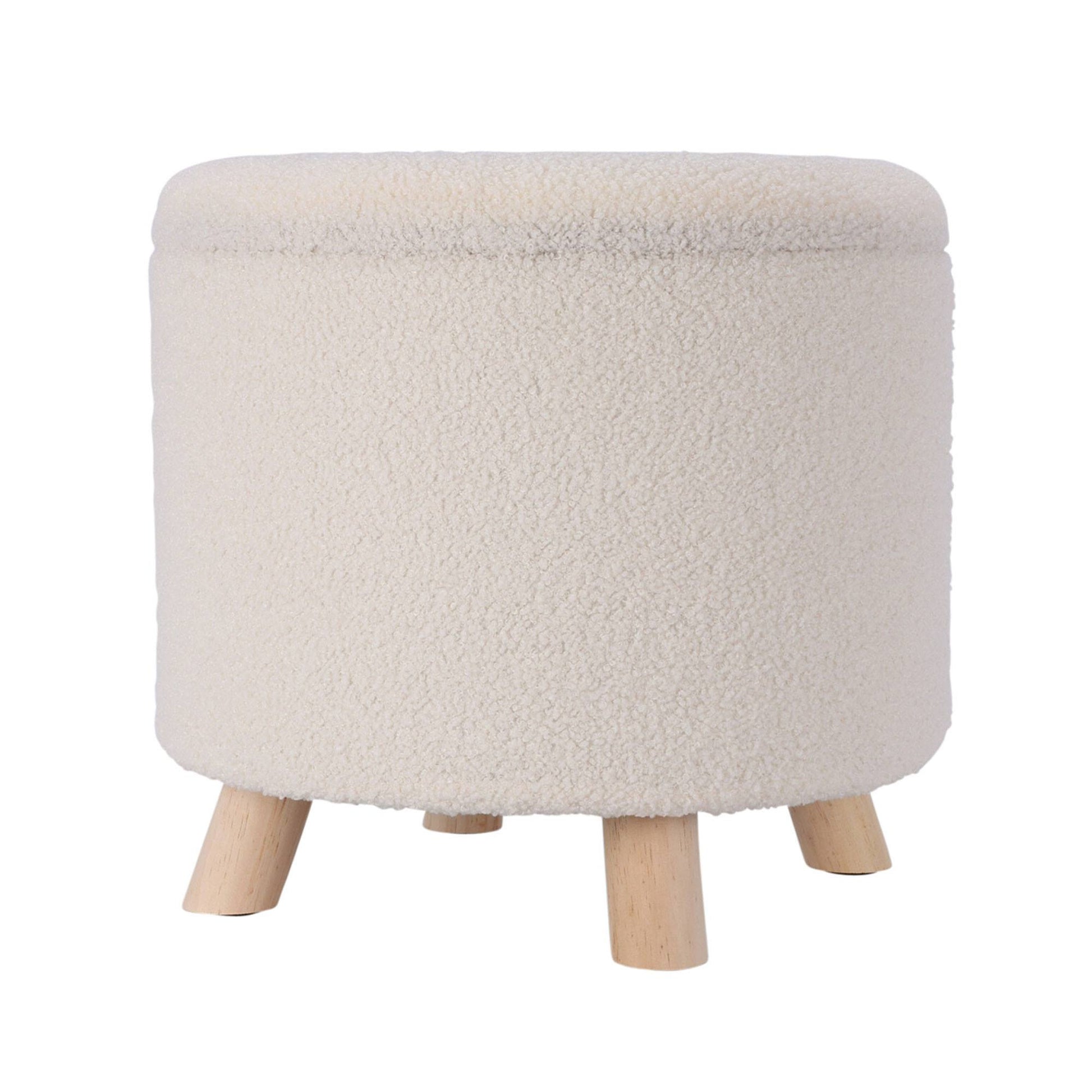 Well Home Taburete De Almacenamiento 100% Poliéster Ø40x37cm En Color Blanco Y Patas De Madera_0