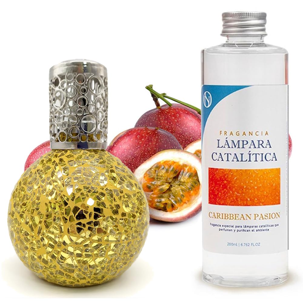 Lámpara Catalítica Mosaico Dorado + Aroma Caribbean Passion 200 Ml - Elimina Malos Olores, Impurezas Y Perfuma_0