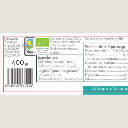 Kimchi Baechu Eco Sin Pasteurizar Ferment Art 400 Gr