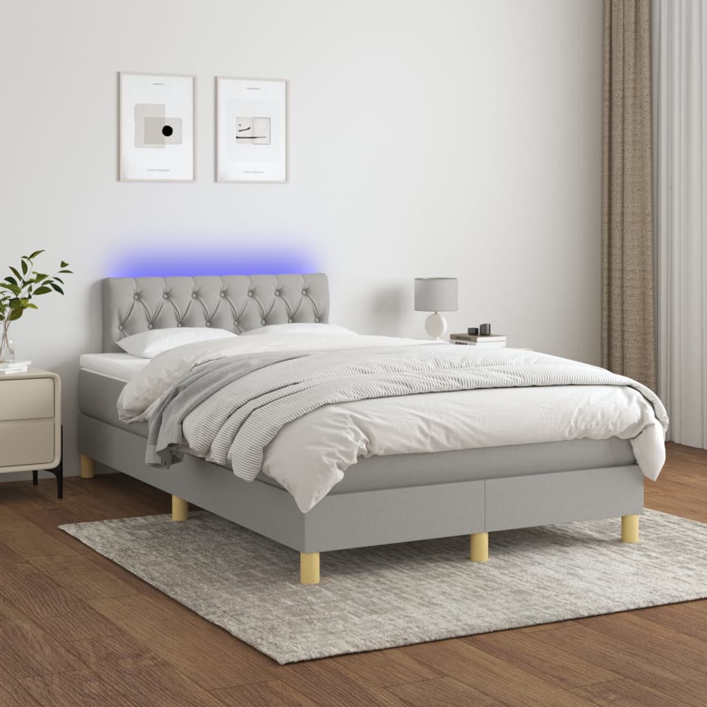 Cama Box Spring Con Colchón Tela Y Led Gris Claro 120x200 Cm / Vetonek_0