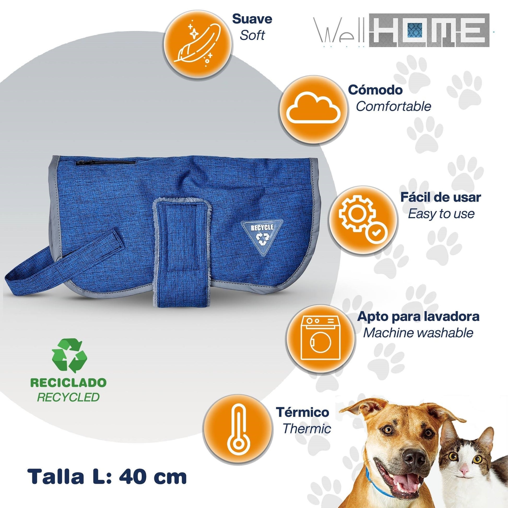 Cama Para Mascota 90x70x28cm Gris + Abrigo Azul Para Mascotas 40cm