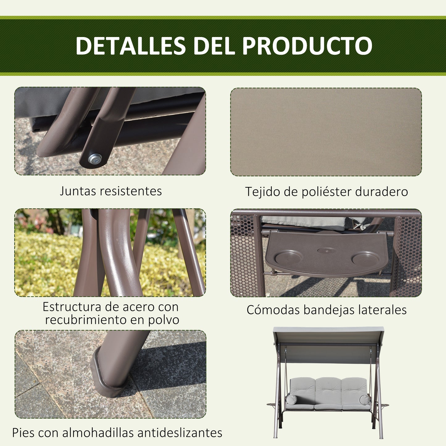 Outsunny Columpio De Jardín 3 Plazas Techo 2 Cojines 116x206x183cm Gris_4