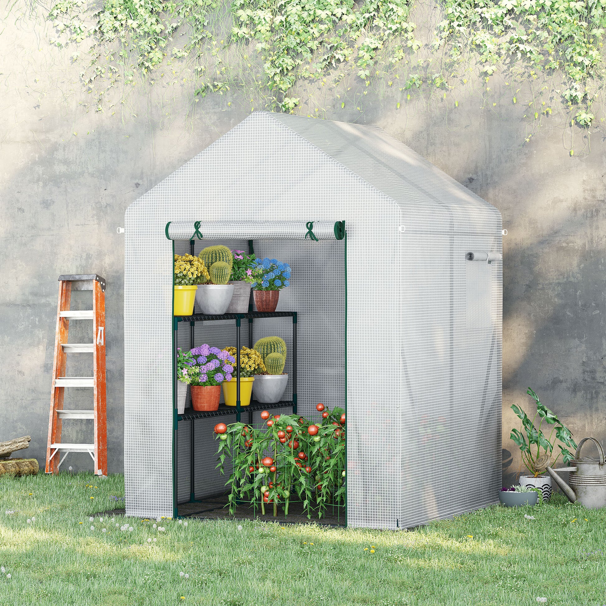 Outsunny Invernadero Jardín 143x143x195 Cm Con 4 Estantes 2 Ventanas Enrollables_1