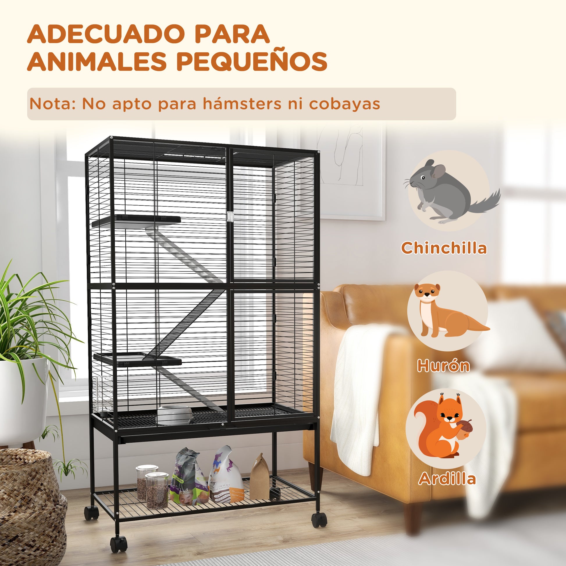 Pawhut Jaula Para Animales Pequeños De 4 Niveles Con Ruedas 78x45,5x136 Cm Negro_3
