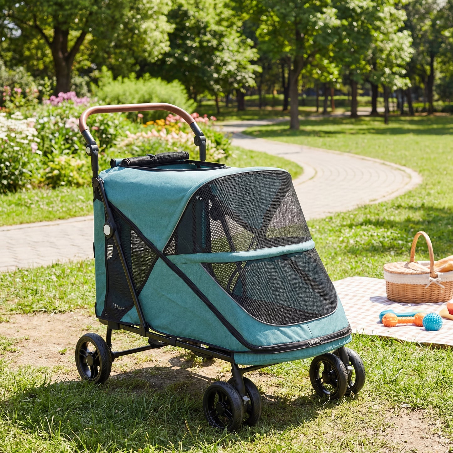 Pawhut Carrito Para Perros Plegable Con Un Botón Hasta 30 Kg Suspensión Turquesa_1