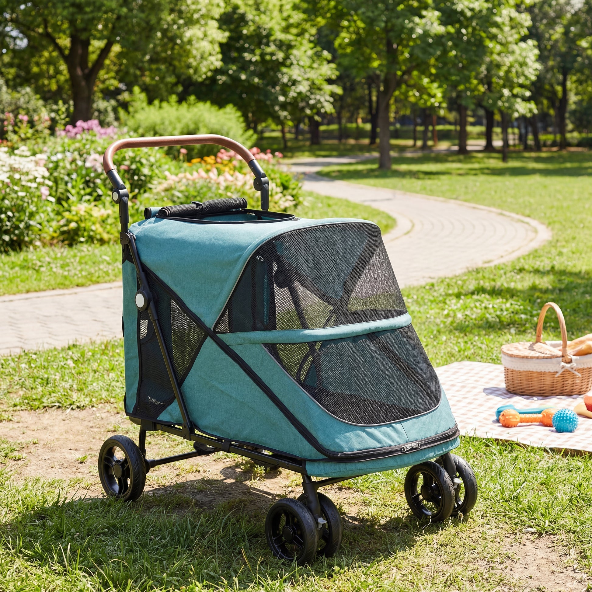 Pawhut Carrito Para Perros Plegable Con Un Botón Hasta 30 Kg Suspensión Turquesa_1