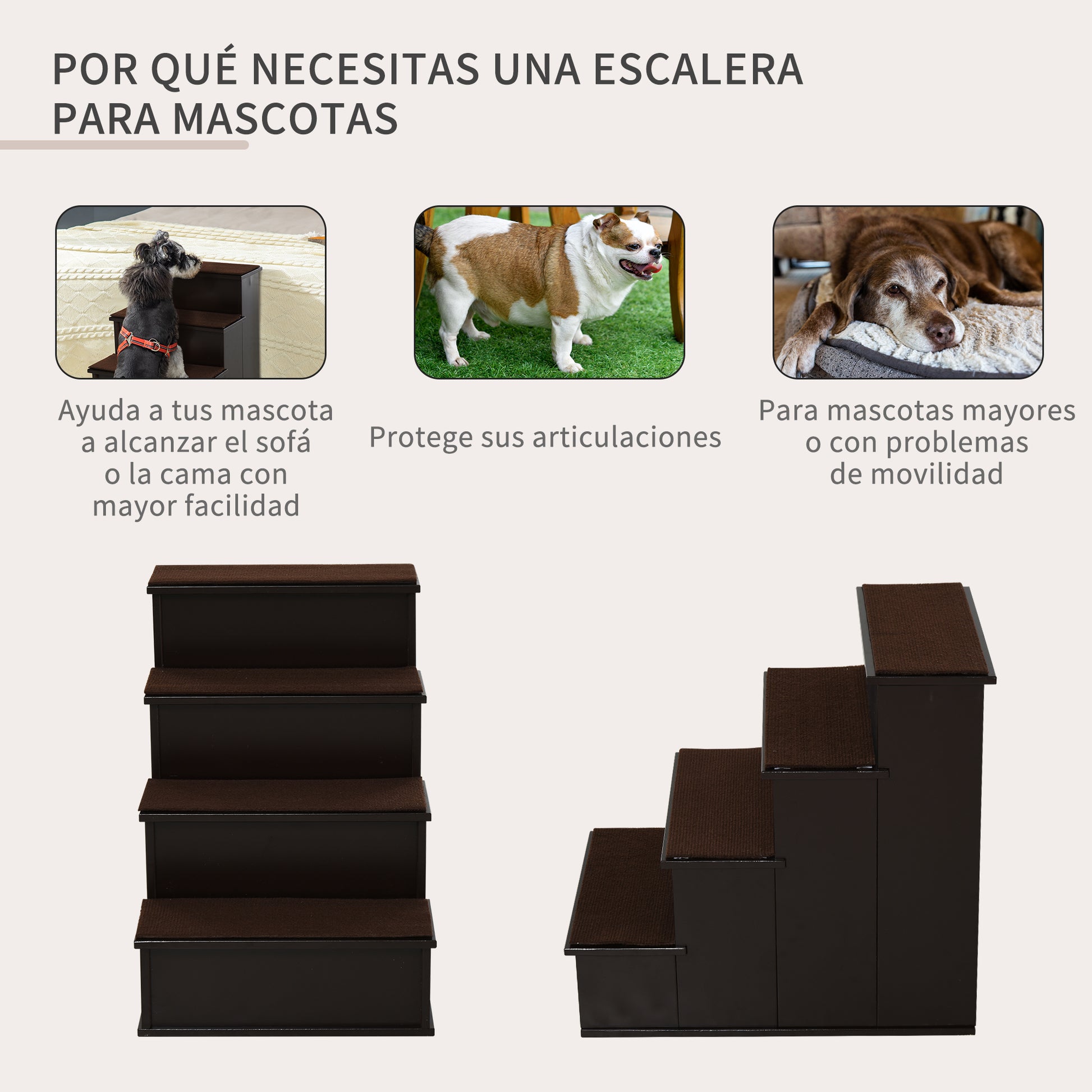 Pawhut Escalera Para Perros De 4 Peldaños Con Acolchados 40x59x54,2 Cm Marrón_4