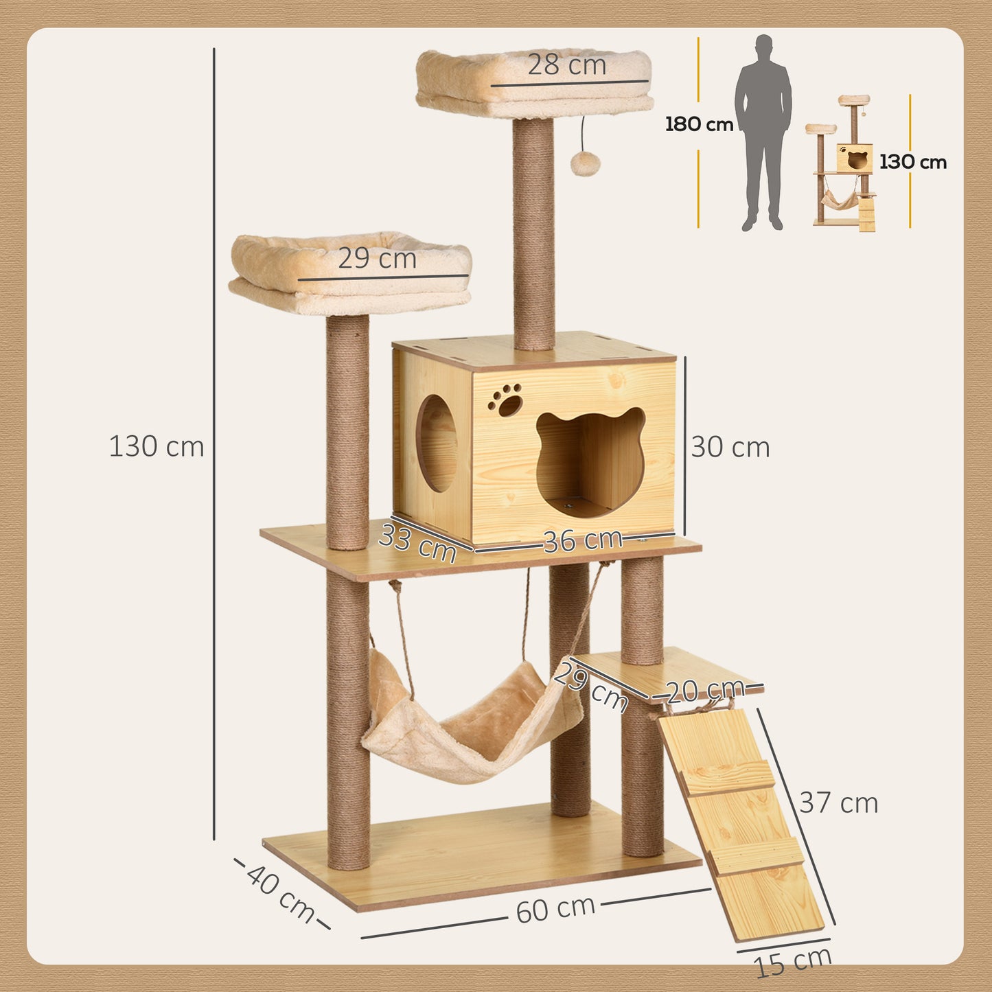 Pawhut Árbol Rascador Para Gatos Altura 130cm Con Postes De Yute 2 Camas Natural_2