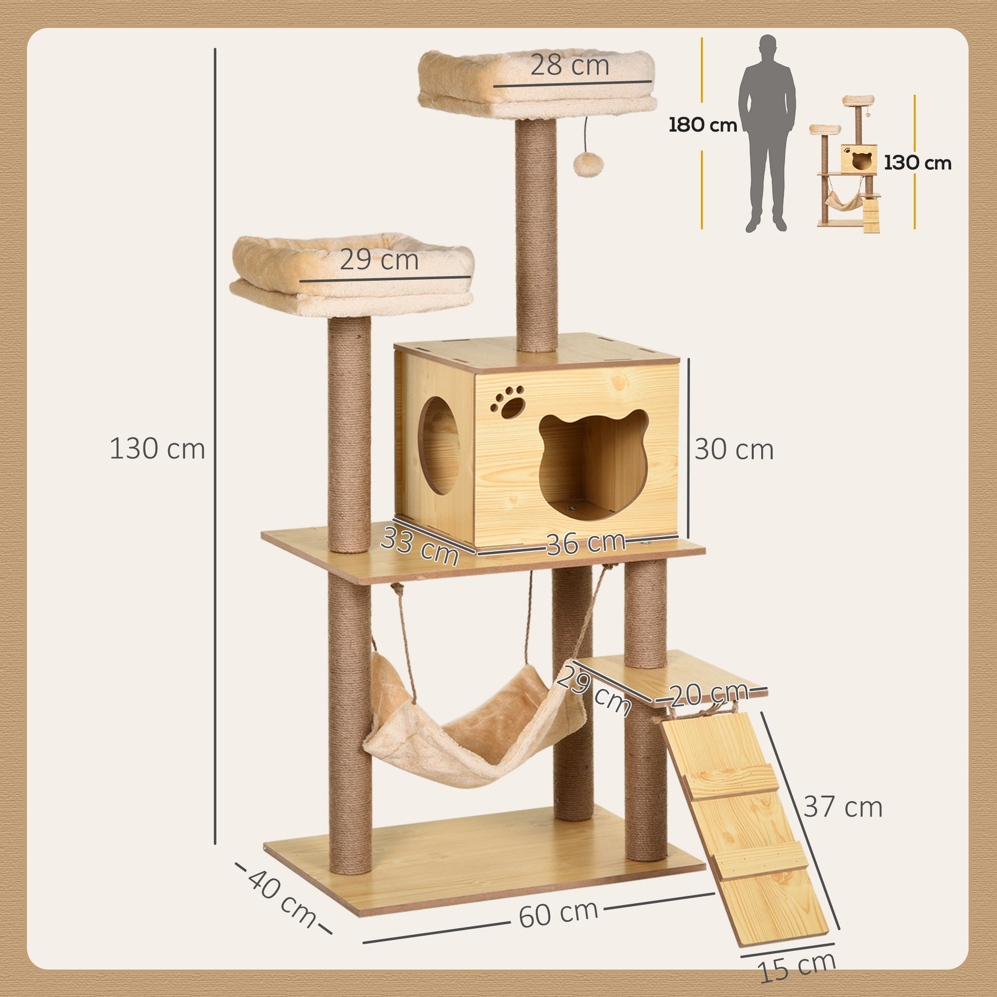 Pawhut Árbol Rascador Para Gatos Altura 130cm Con Postes De Yute 2 Camas Natural_2