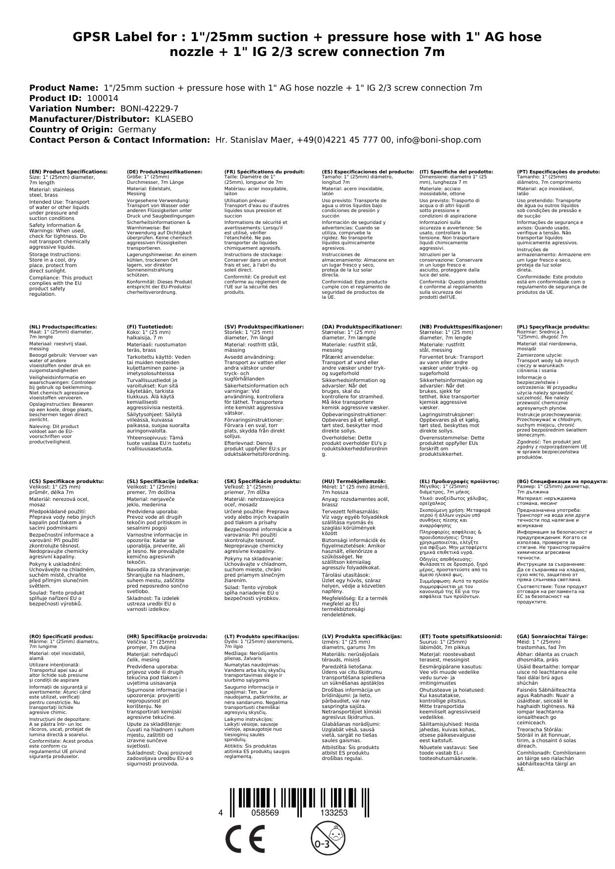 1/25mm Manguera De Succión Y Presión Con Boquilla De Manguera Ag De 1 + Conexión 2/3 Ig 7m
