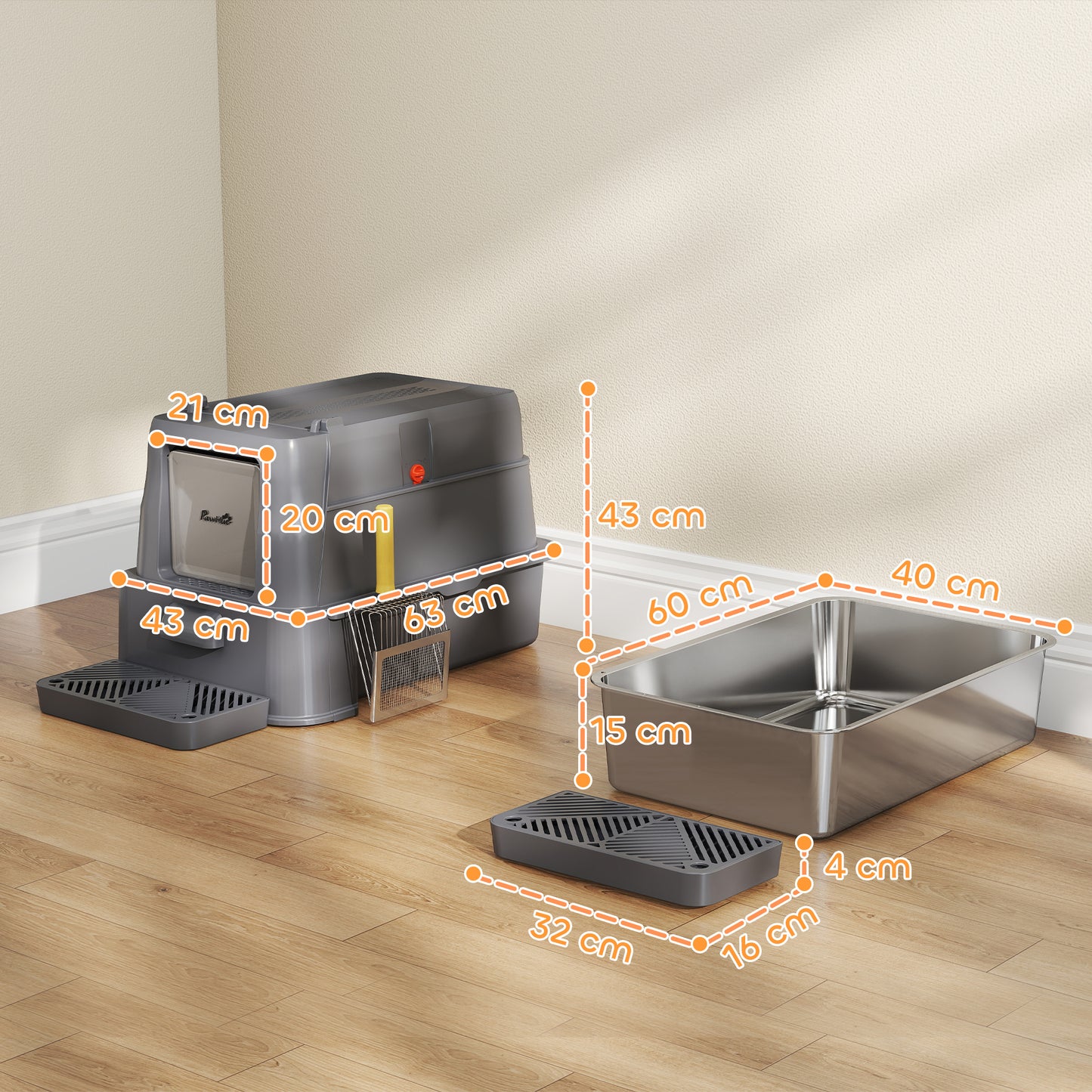 Pawhut Arenero Para Gatos De Acero Inoxidable Xl Con Tapa Abatible 180° Gris_2