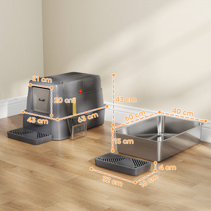 Pawhut Arenero Para Gatos De Acero Inoxidable Xl Con Tapa Abatible 180° Gris_2