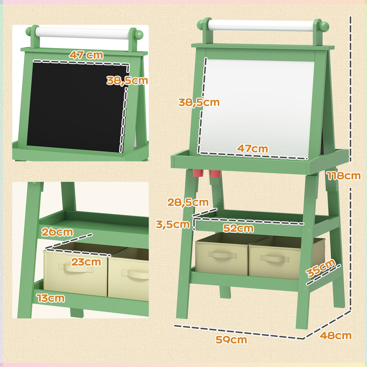 Aiyaplay Pizarra Infantil Caballete 3 En 1 Con Rollo De Papel Y Cestas Verde_2