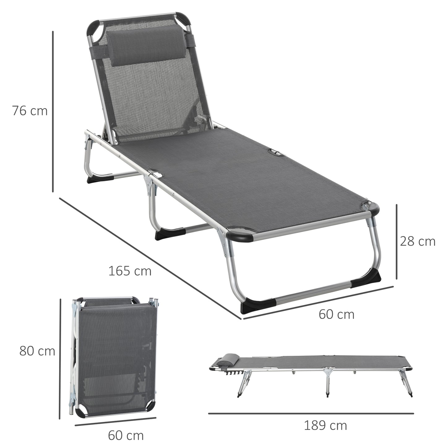Outsunny Tumbona Plegable Con Reposacabezas Respaldo Ajustable 165x60x76cm Gris_2