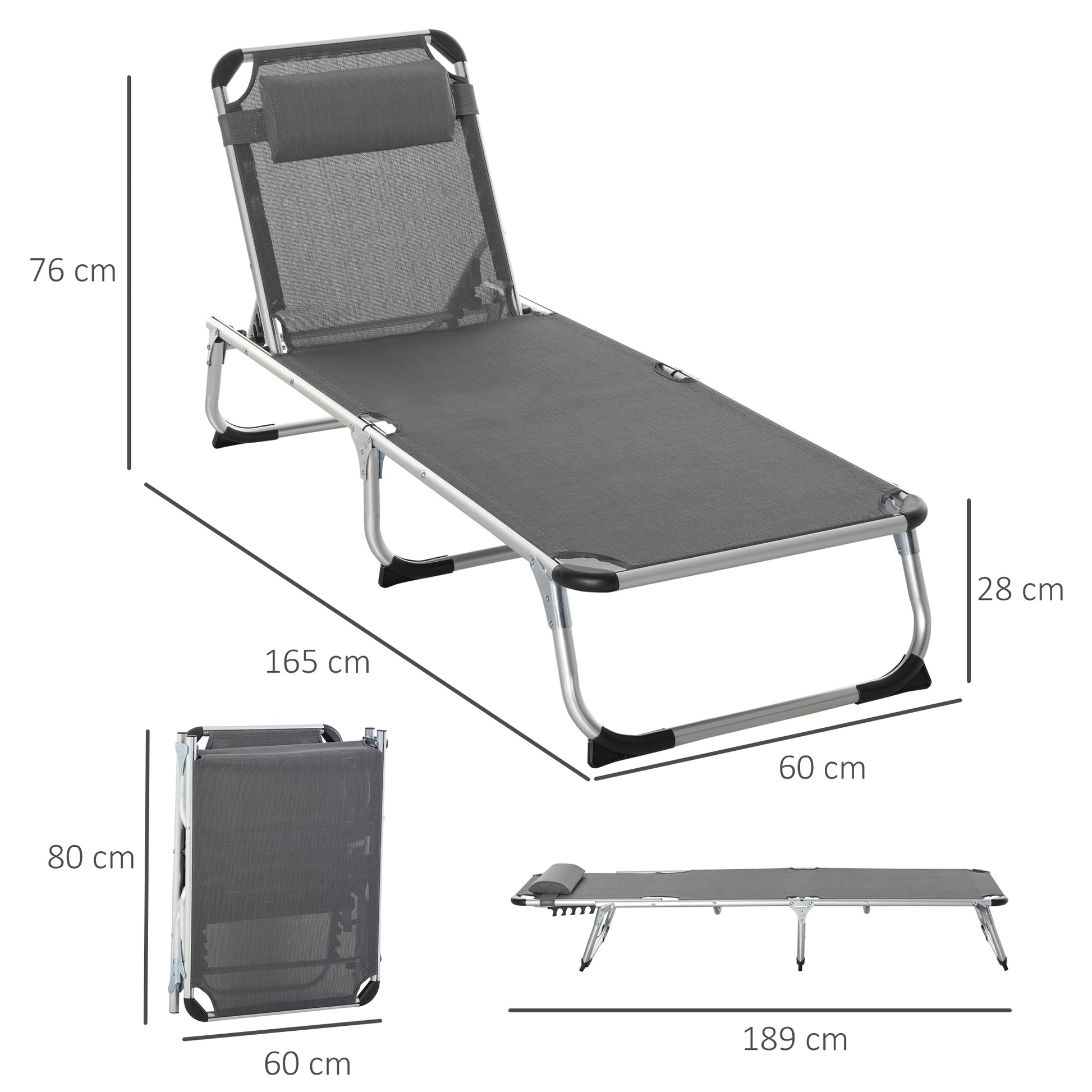 Outsunny Tumbona Plegable Con Reposacabezas Respaldo Ajustable 165x60x76cm Gris_2