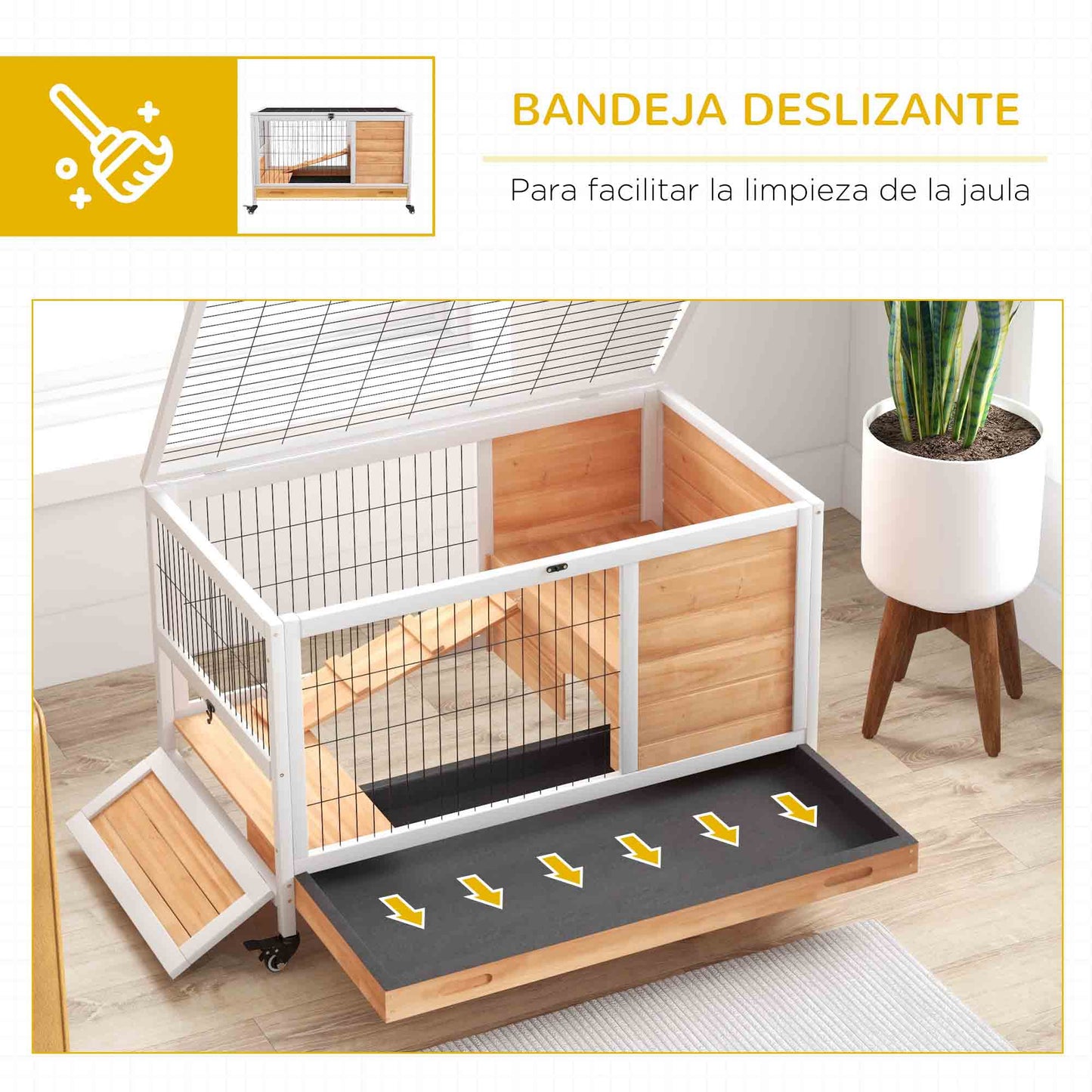 Pawhut Jaula Para Conejos De Madera 90x53x59cm Techo Abrible Rampa Bandeja_5