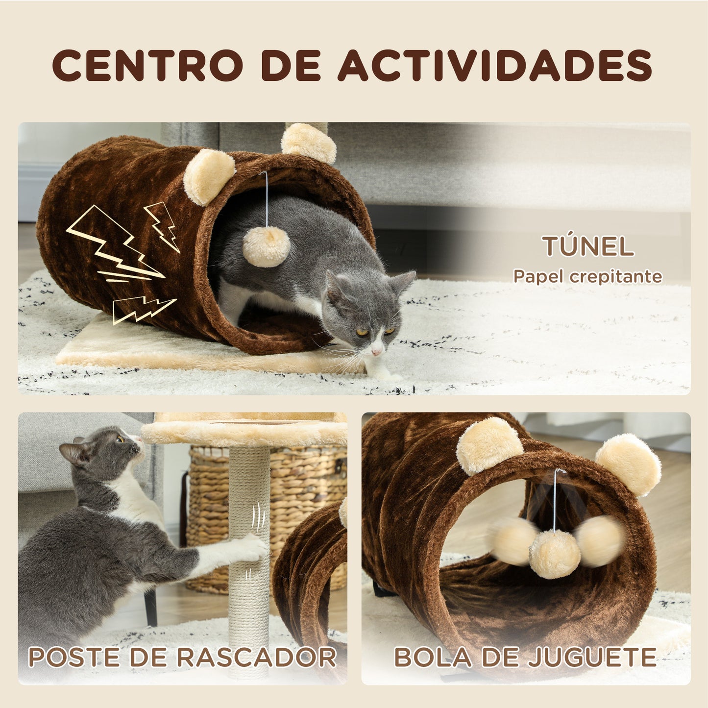 Pawhut Árbol Rascador Para Gatos Altura 47 Cm Con Túnel Marrón Oscuro_3