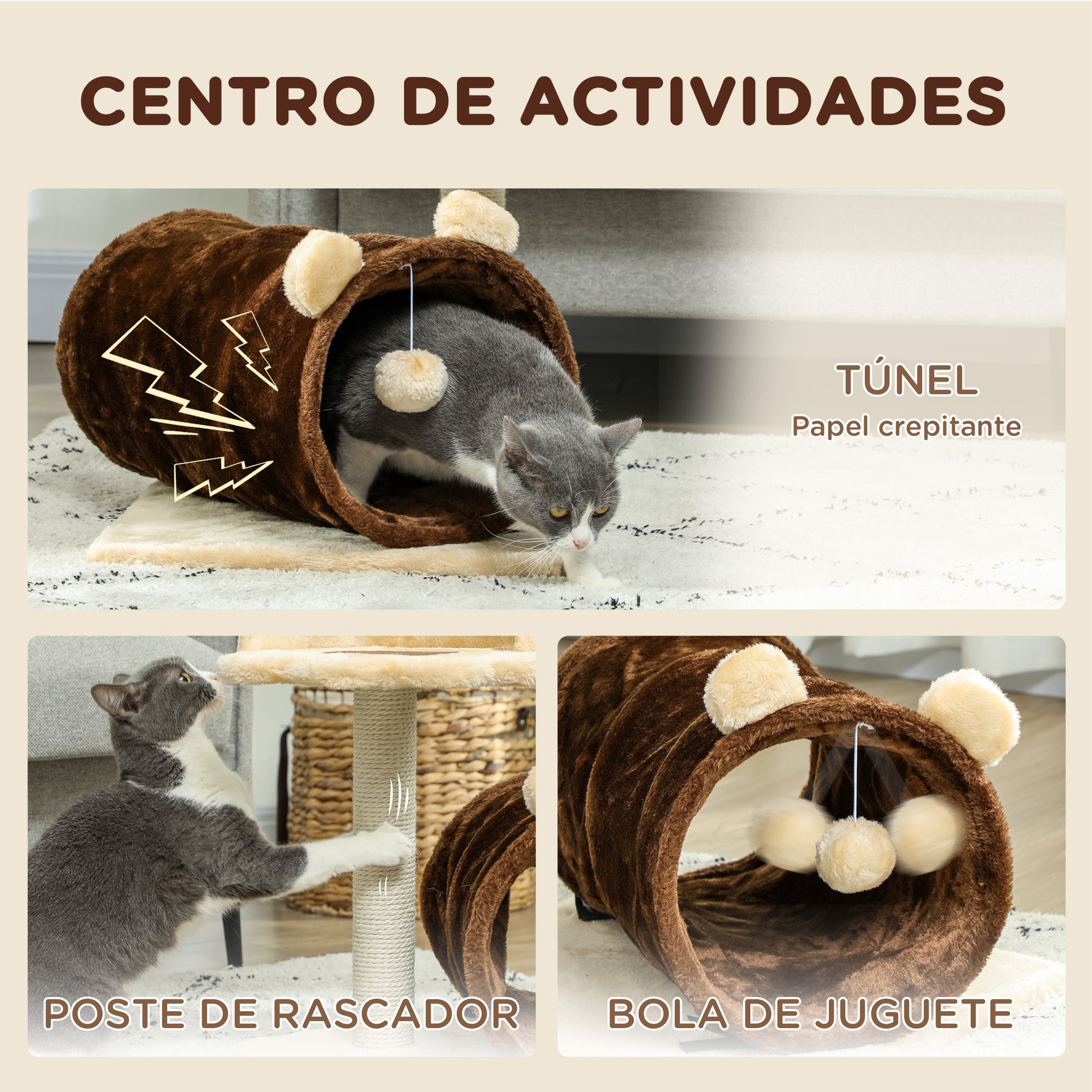 Pawhut Árbol Rascador Para Gatos Altura 47 Cm Con Túnel Marrón Oscuro_3