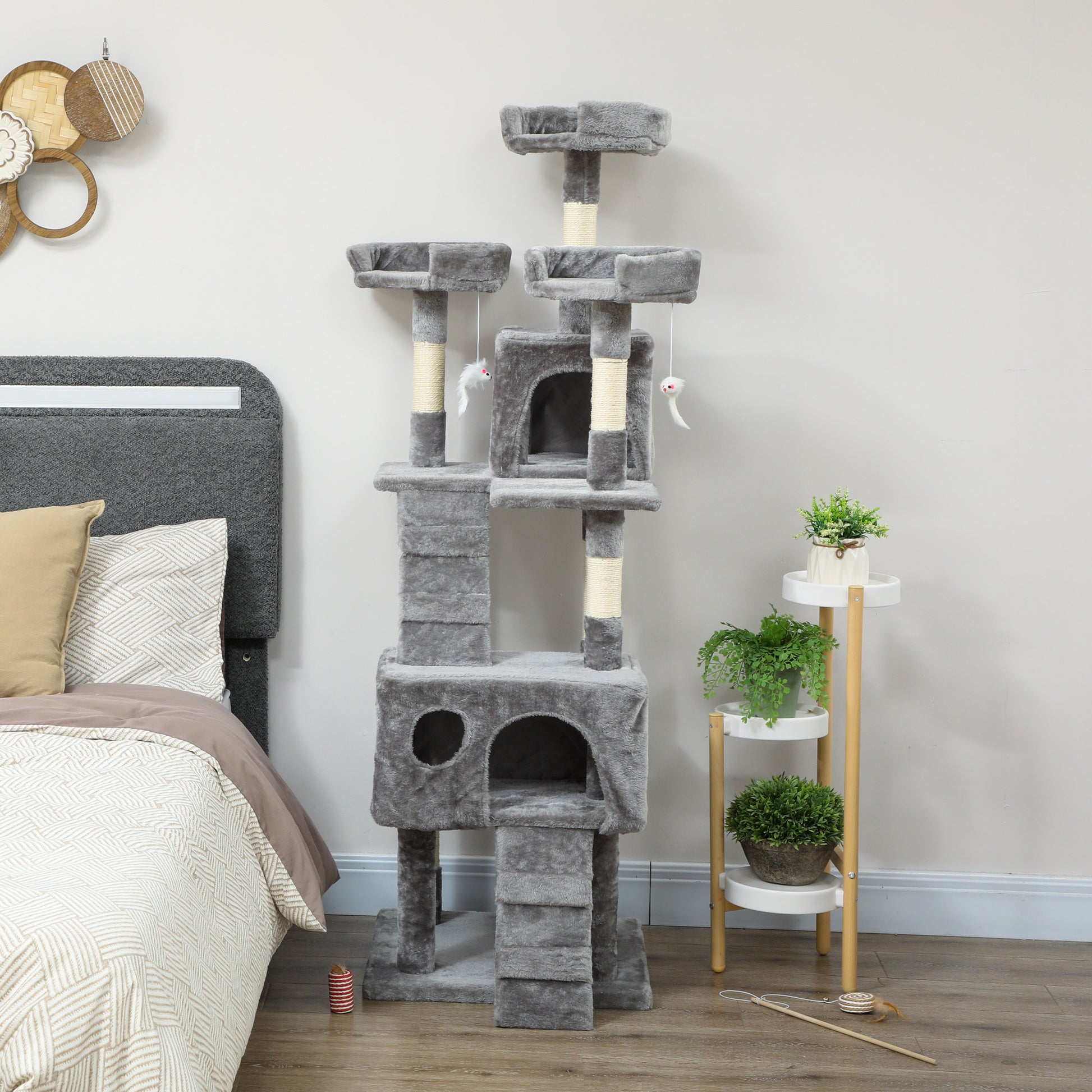 Pawhut Árbol Rascador Para Gatos 153 Cm Con 2 Cuevas 3 Camas 2 Rampas Gris_4