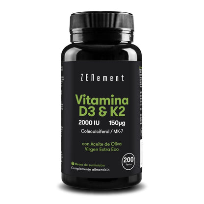 Vitamina D3 + K2, Colecalciferol (2000 UI) & MK-7 (150 μg) Zenement, 200 comprimidos