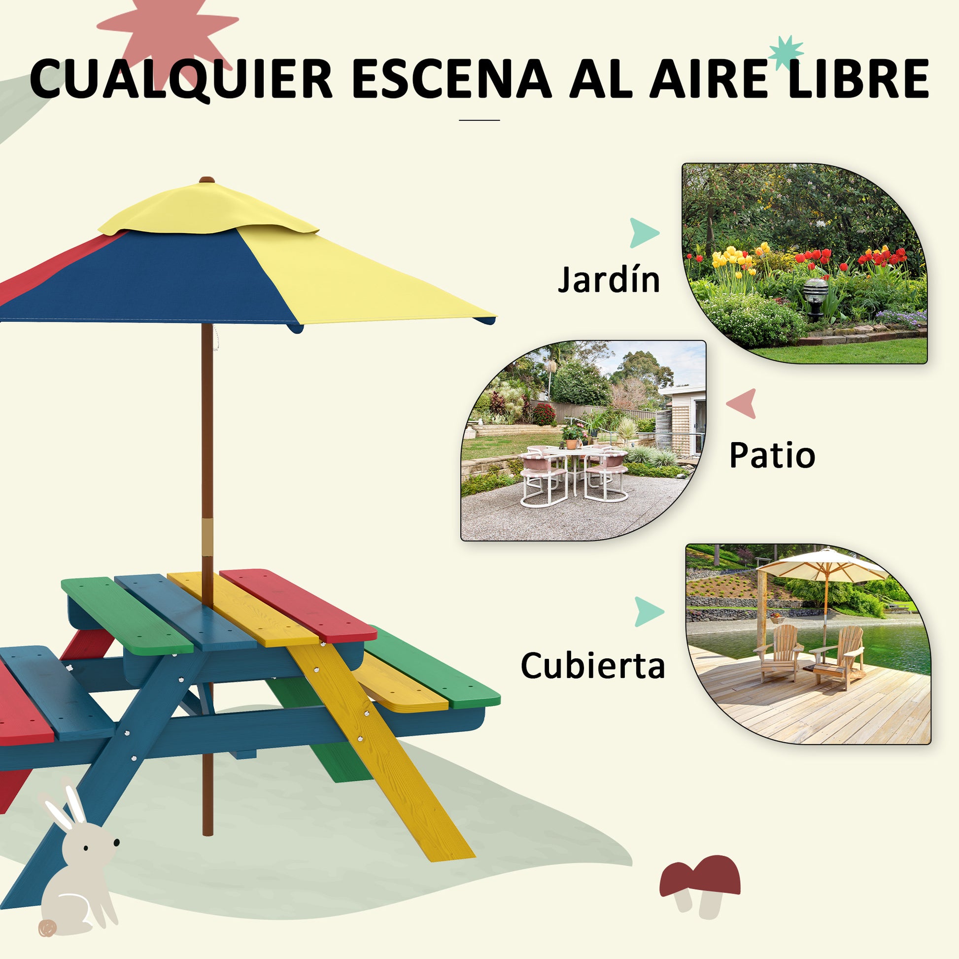 Outsunny Mesa De Picnic Para Niños Con Sombrilla 85,5x75x142,5 Cm Multicolor_5