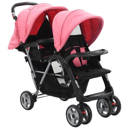 Vidaxl Carrito Para 2 Niños Tandem De Acero Rosa Y Negro_0