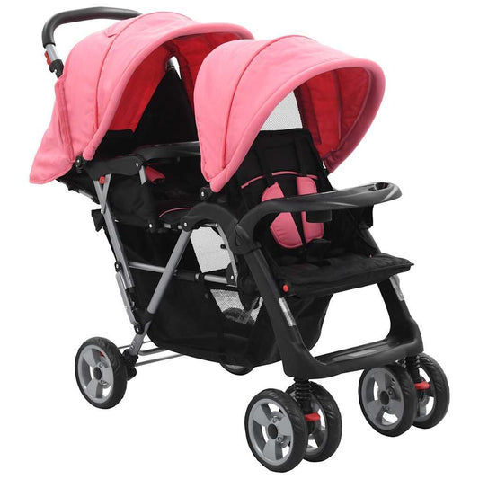 Vidaxl Carrito Para 2 Niños Tandem De Acero Rosa Y Negro_0