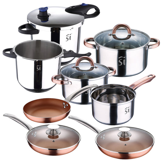 Set Batería 5pc Acero Inox + 2 Ollas A Presión Con Tapa + Set 5pc Sartenes (con Tapas) Ø20ø24ø28 Para Inducción San Ignacio_0