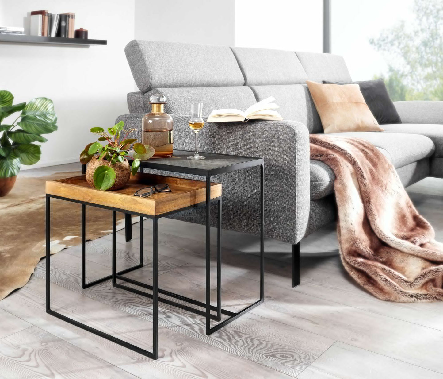 Juego De Mesa De Salón De 2 Mesas Auxiliares De Madera Maciza De Mango_2