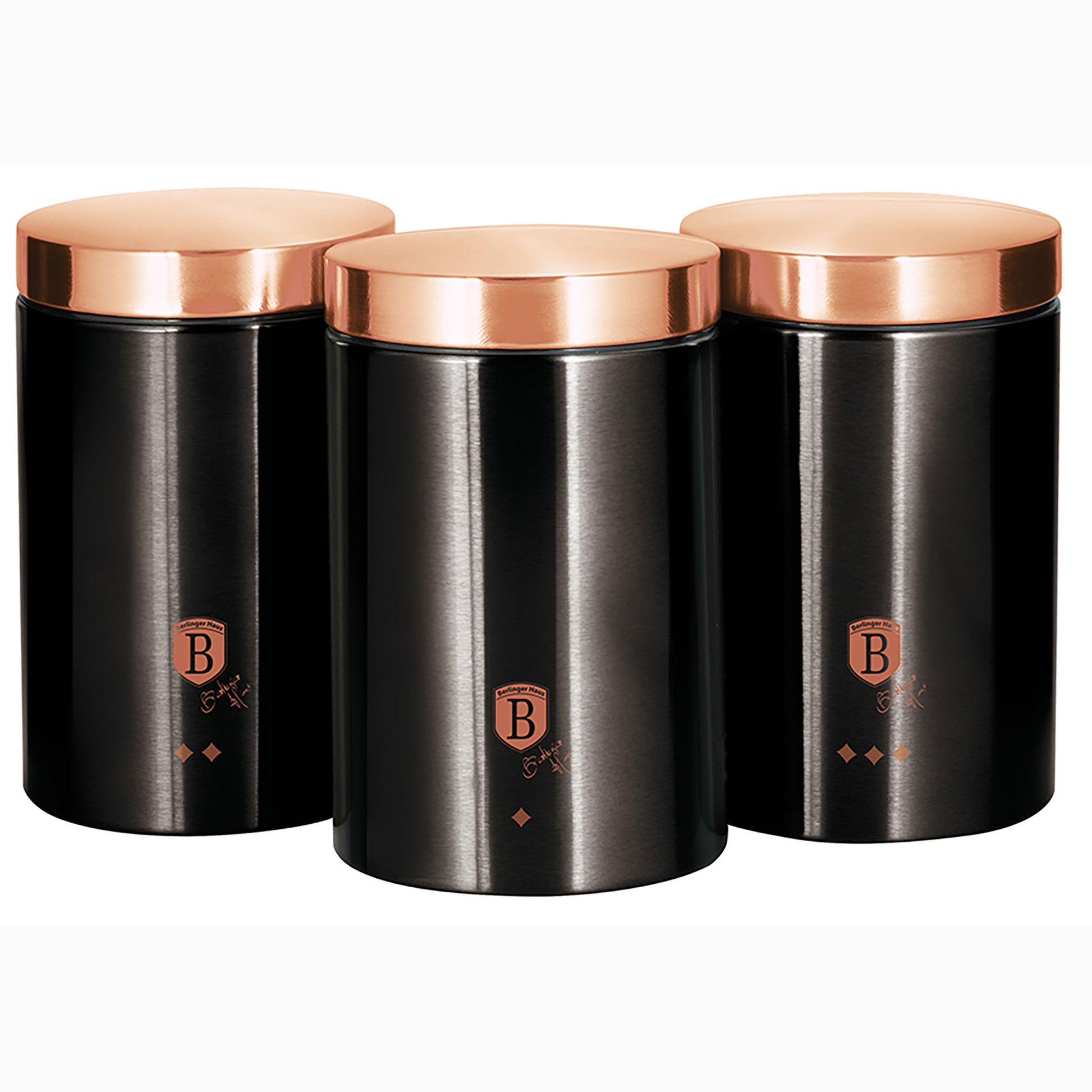 Set 3 Botes Cocina Almacenaje Acero Inoxidable, Diseño Moderno, Ø11x17,8cm Especias, Té ,café Berlinger Haus Black Rose, Oro Rosado/negro
