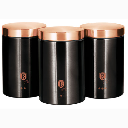Set 3 Botes Cocina Almacenaje Acero Inoxidable, Diseño Moderno, Ø11x17,8cm Especias, Té ,café Berlinger Haus Black Rose, Oro Rosado/negro