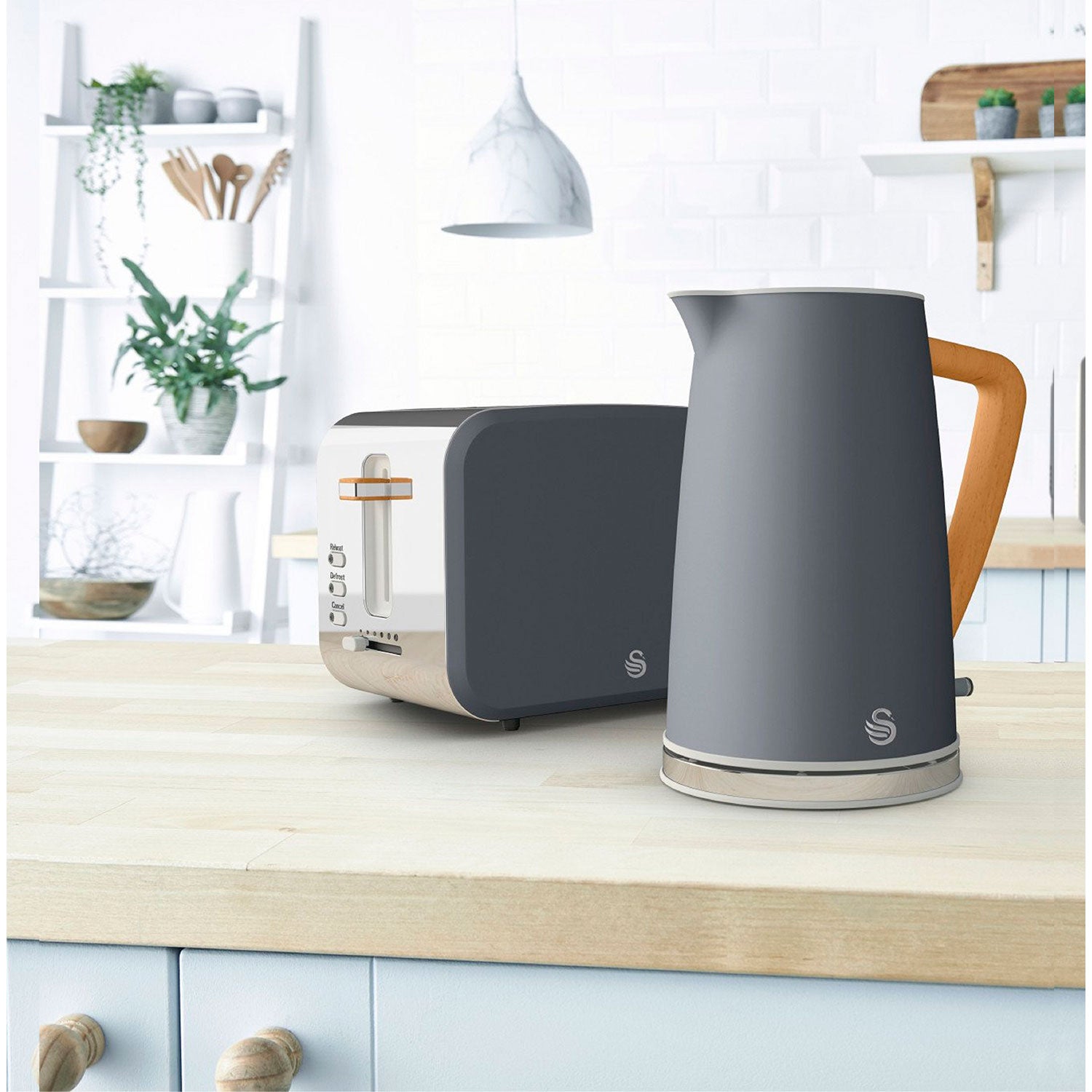 Set Desayuno Nordic, Hervidor Agua 1,7 L, Tostadora Ranura Ancha 2 Rebanadas, Diseño Swan Stp2090 Gris