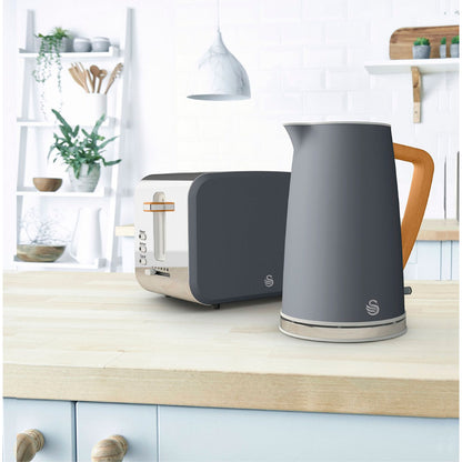 Set Desayuno Nordic, Hervidor Agua 1,7 L, Tostadora Ranura Ancha 2 Rebanadas, Diseño Swan Stp2090 Gris