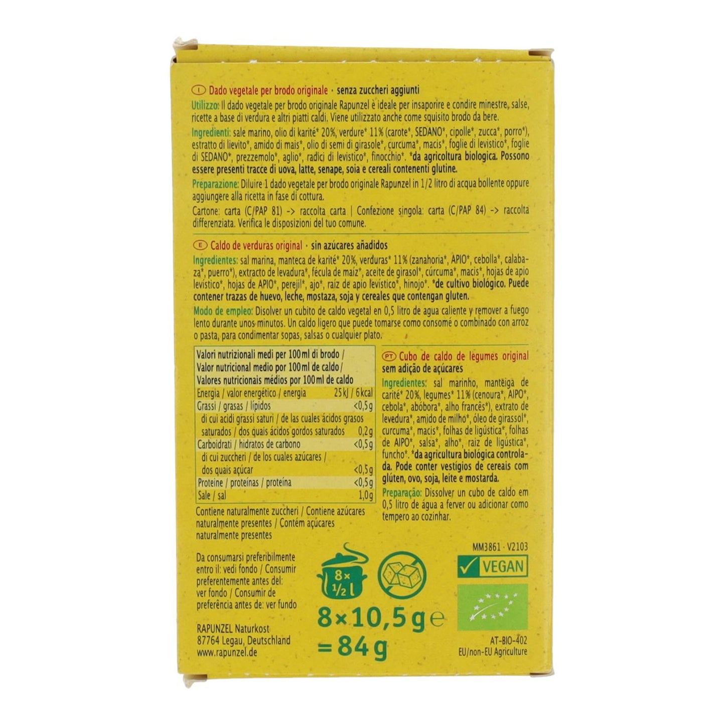 Caldo de Verduras en cubitos BIO Rapunzel 84 g