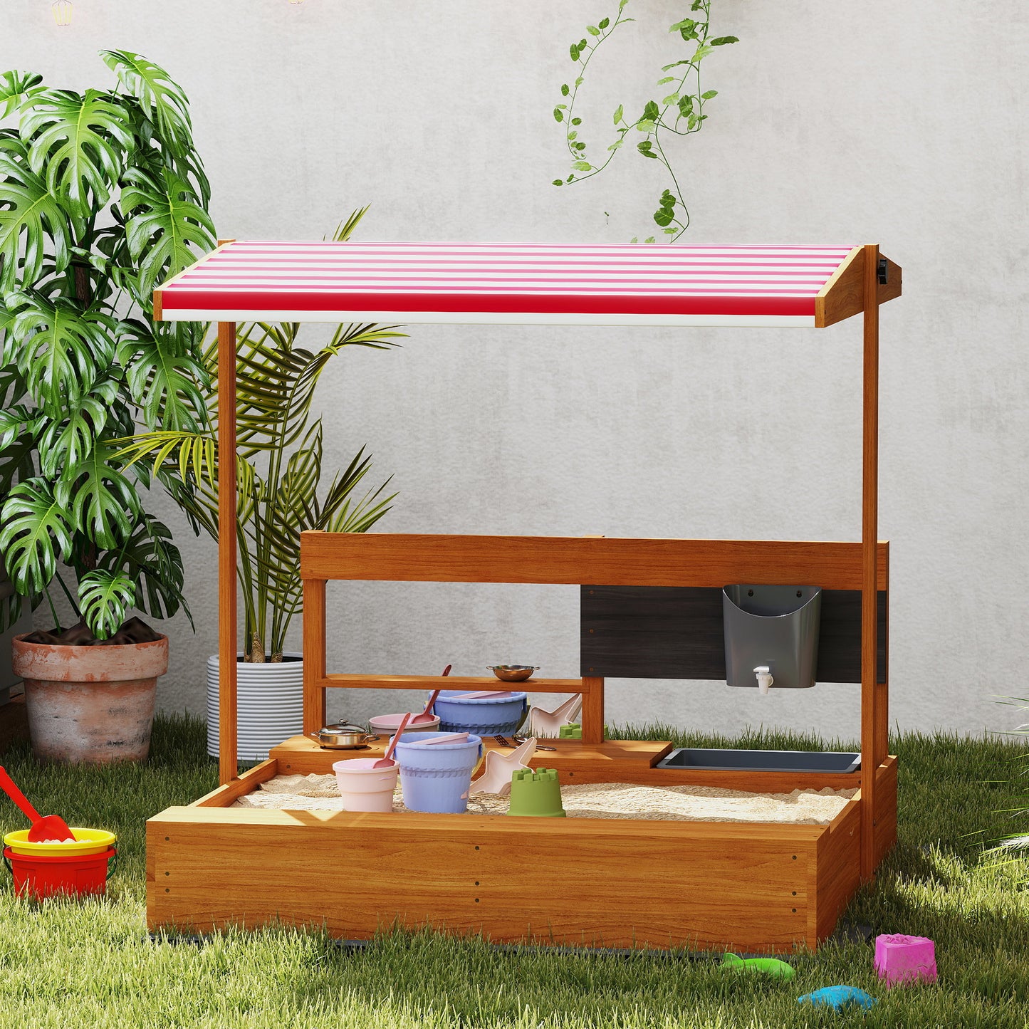 Outsunny Arenero De Madera Para Niños Con Techo Regulable 114x110x110 Cm Marrón_3