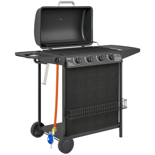 Outsunny Barbacoa De Gas Con 4+1 Quemadores 12 Kw Termómetro Mesa Lateral Negro_0