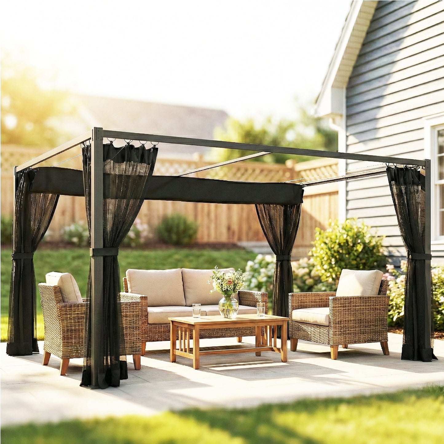 Outsunny Pérgola De Jardín 3x4 M Con Techo Retráctil Y 4 Laterales De Malla Gris_1