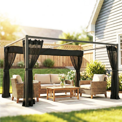 Outsunny Pérgola De Jardín 3x4 M Con Techo Retráctil Y 4 Laterales De Malla Gris_1