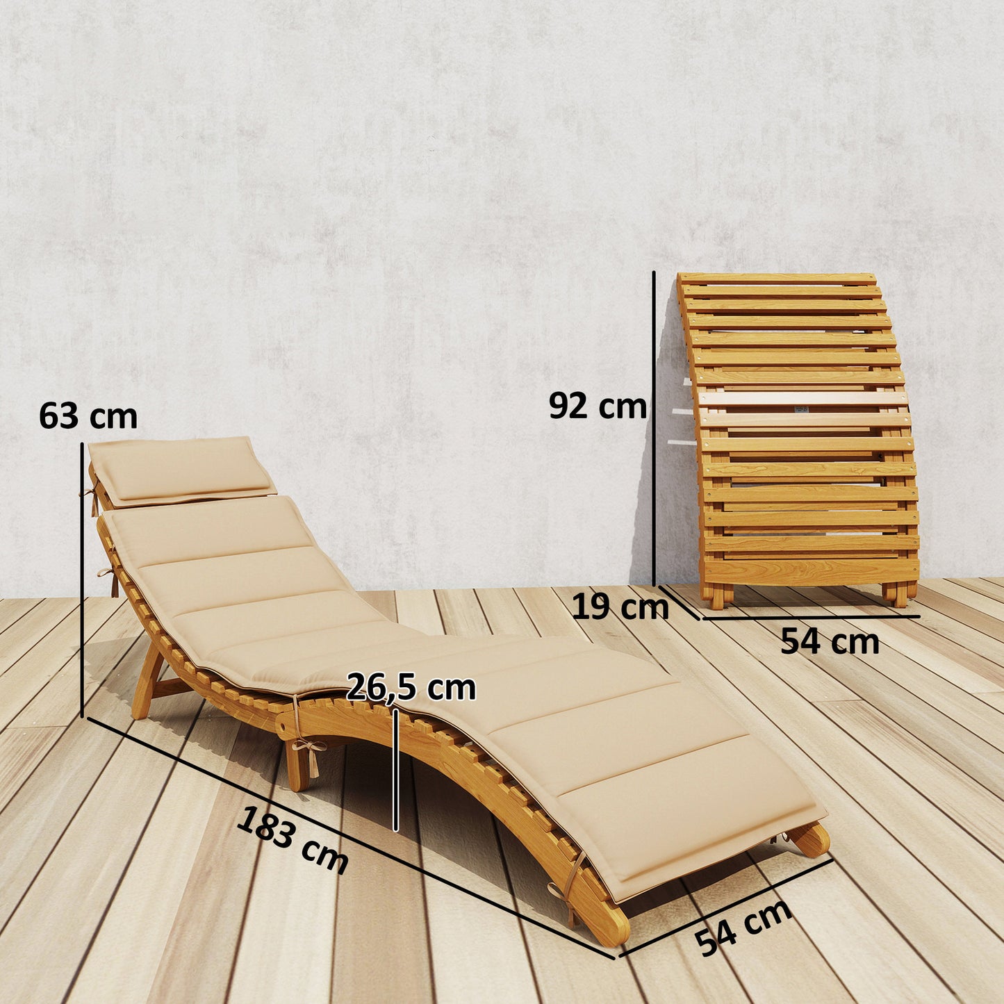 Outsunny Tumbona Plegable De Madera De Acacia Con Cojín Reposacabezas Beige_2