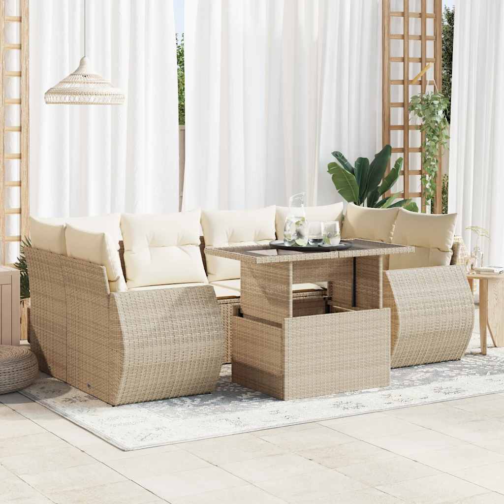 Set Sofás De Jardín 7 Piezas Y Cojines Ratán Sintético Beige / Vetonek_0