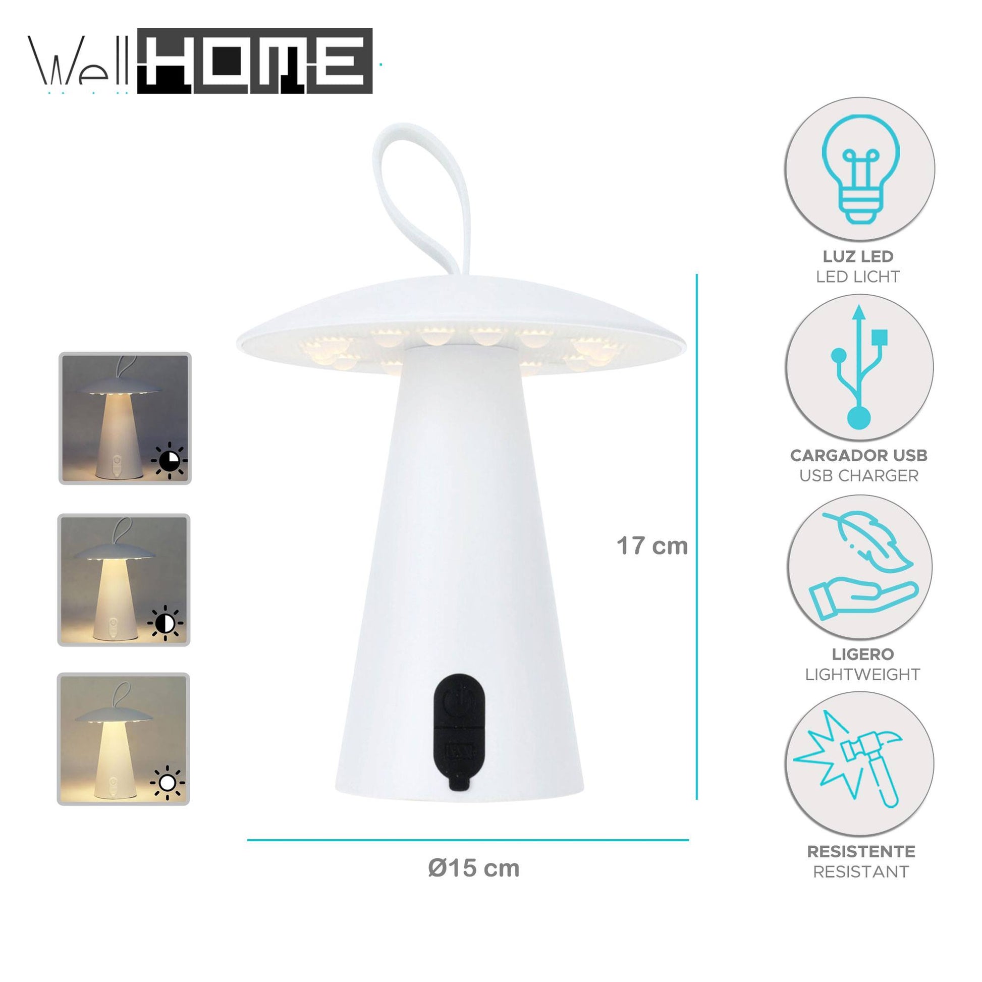Well Home Lampara Sobremesa Recargable Blanca Ø15x17cm_1