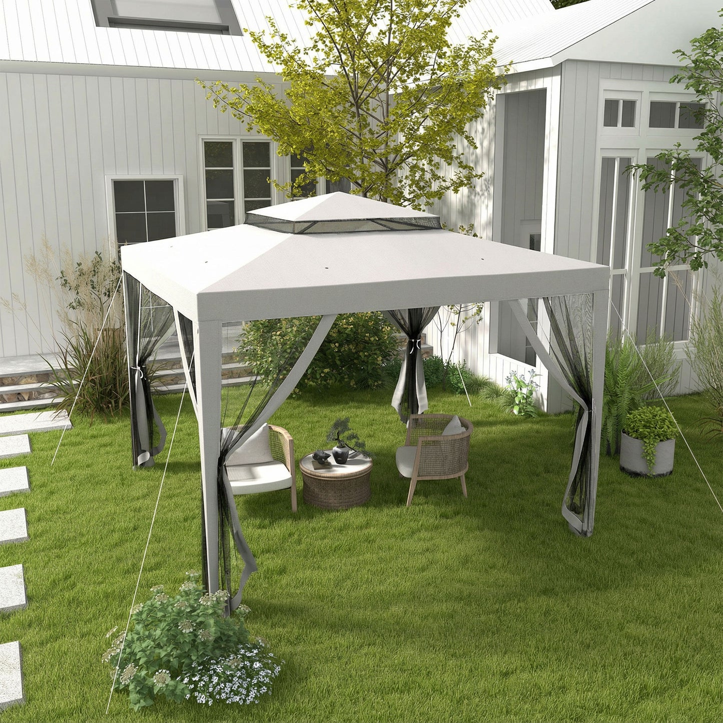 Outsunny Carpa De Jardín 3x3 M Con 4 Mosquiteras Laterales Techo Doble Gris_1