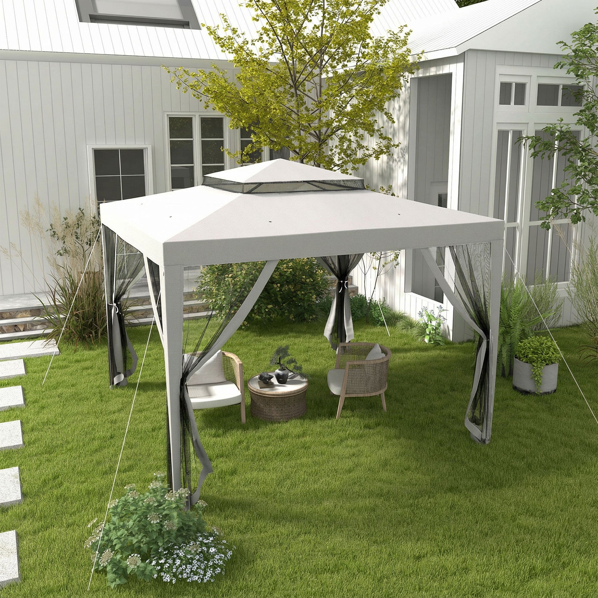 Outsunny Carpa De Jardín 3x3 M Con 4 Mosquiteras Laterales Techo Doble Gris_1