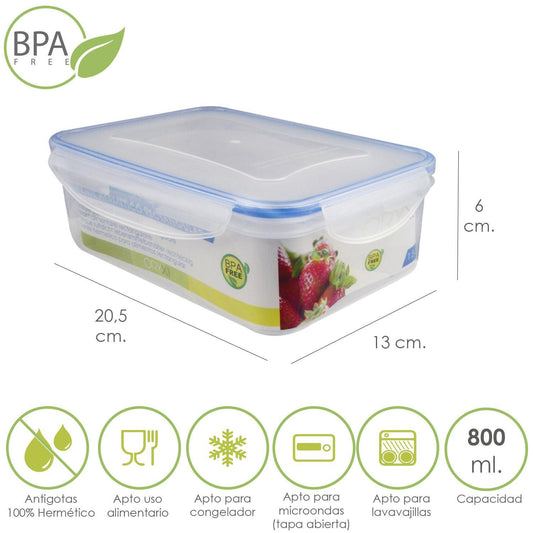 Recipiente Hermetico Plastico Rectangular 800 Ml. 20.5x13x6 (alt.) Cm._0