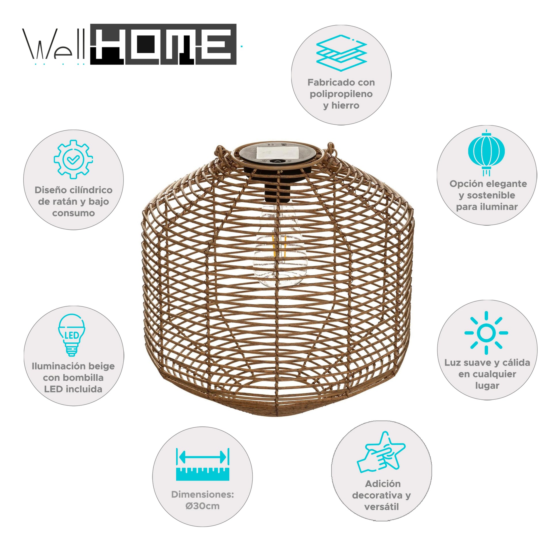 Wellhome Lámpara Solar Ratán Beige Ø30cm_1