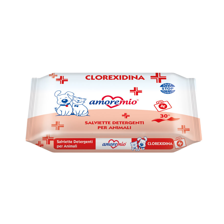 Amoremio Toallitas de bolsillo con clorexidina para perro y gato, paquete de 30 toallitas