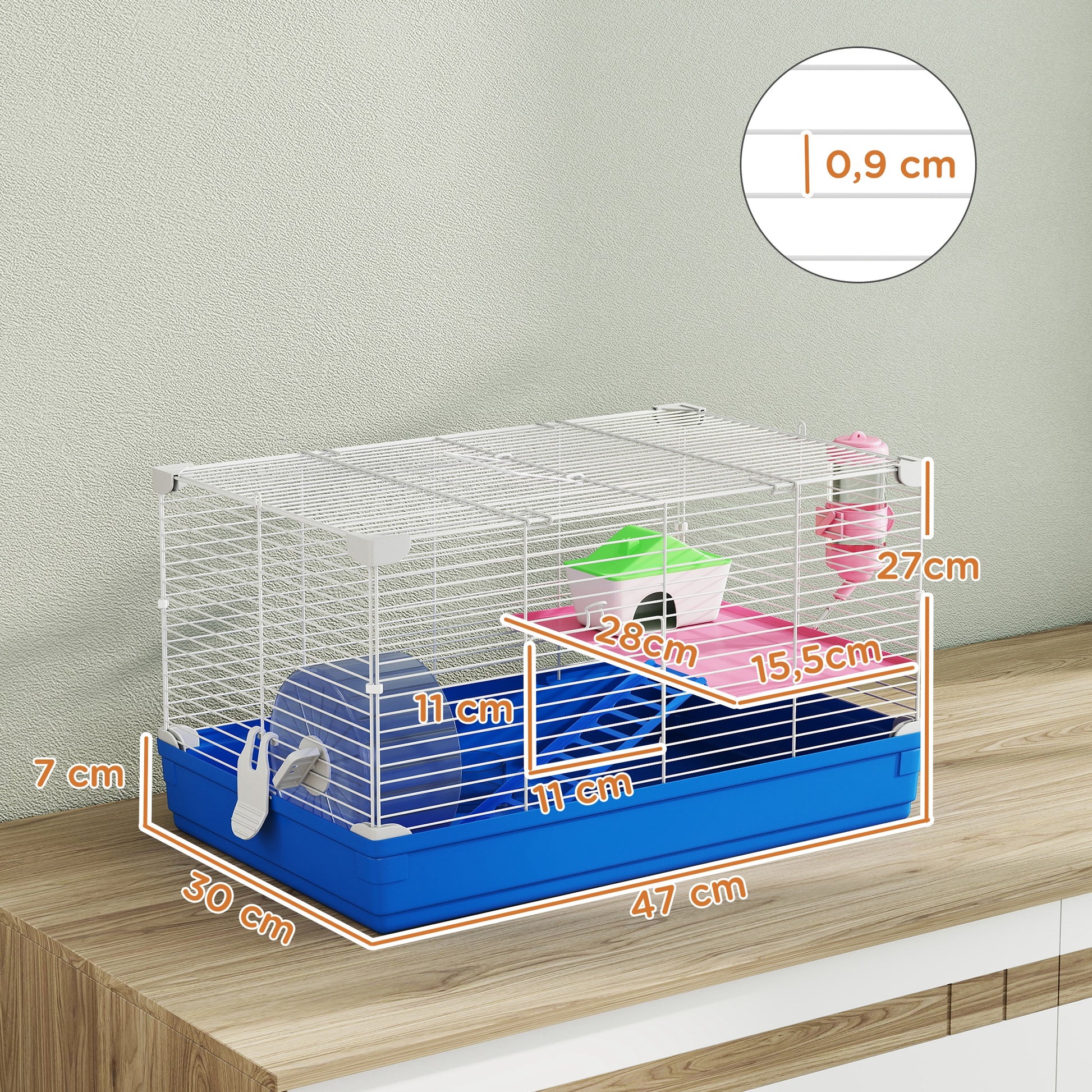 Pawhut Jaula Para Hámster Con Rueda De Ejercicio Cuenco Bebedero Casita Azul_2