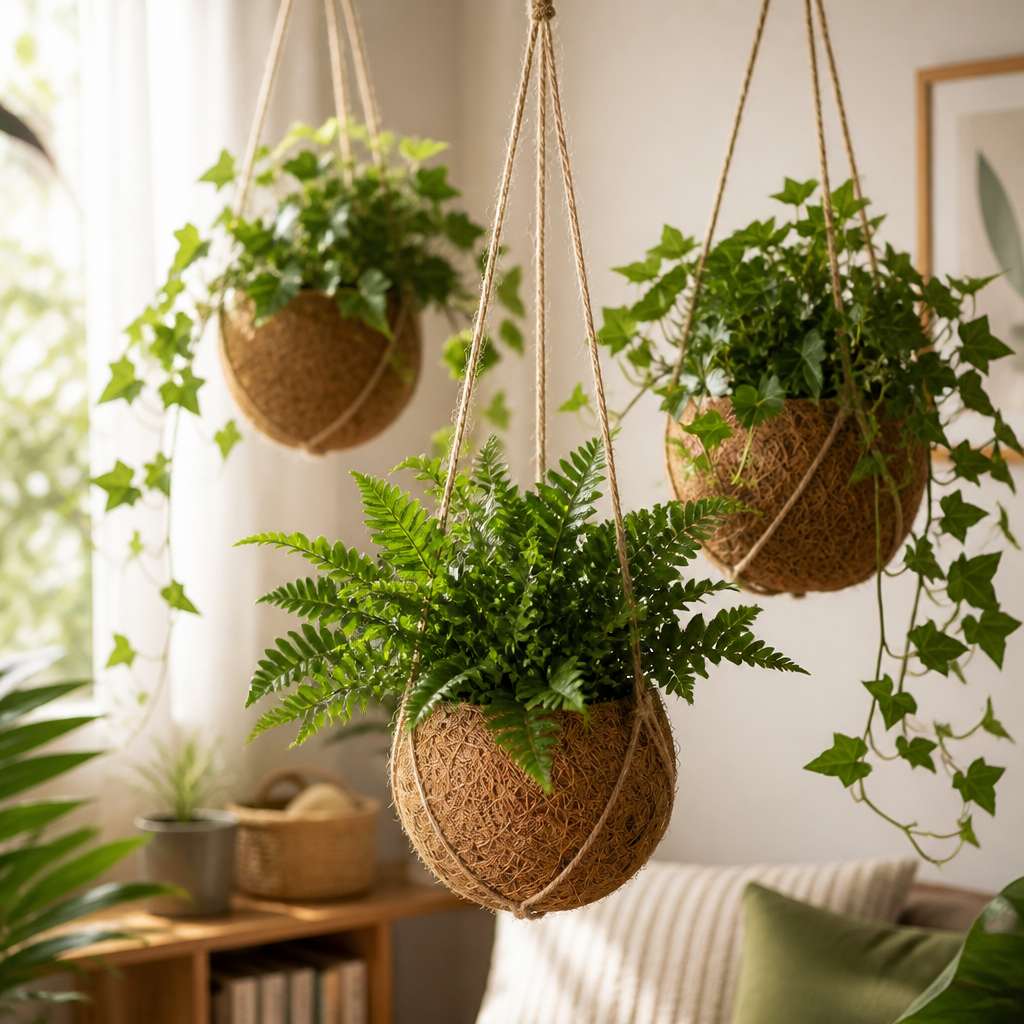 Plantas Colgantes De Coco - 6 Uds - Mix Hedera Y Helecho - Ø12 Cm_3