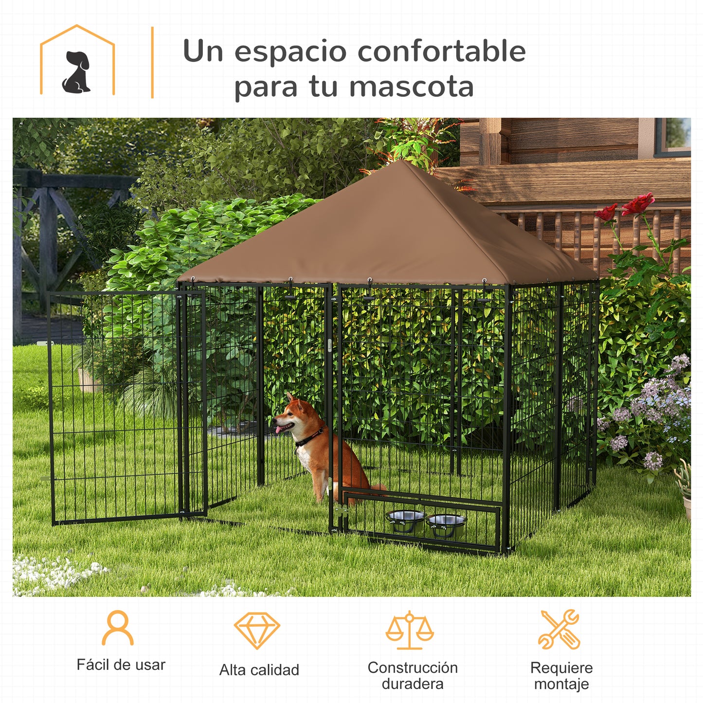 Pawhut Perrera Con Toldo Y 2 Cuencos Para Exterior 141x141x151 Cm Negro_3