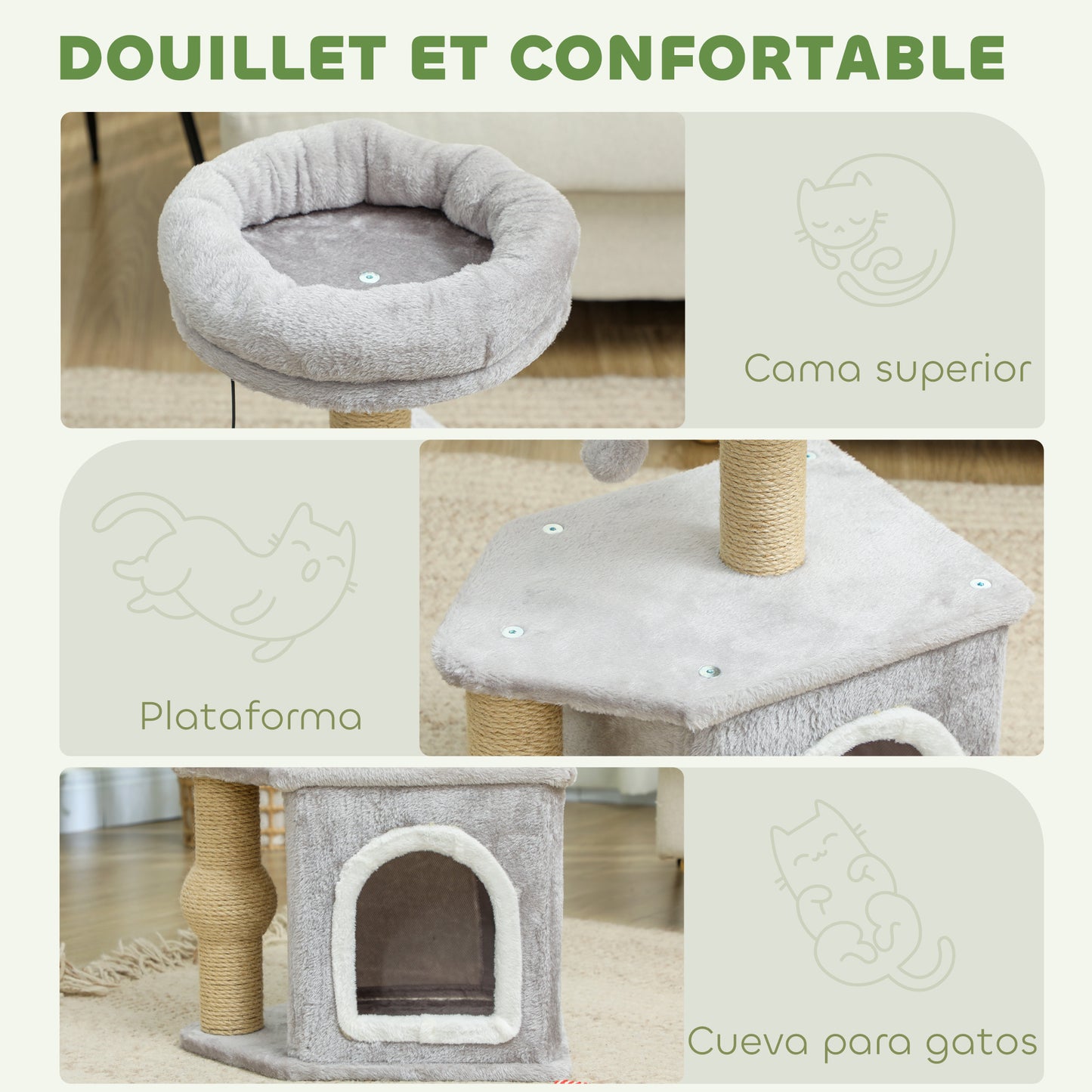 Pawhut Árbol Rascador Para Gatos Altura 66 Cm Con Cama Poste De Yute Gris Claro_4